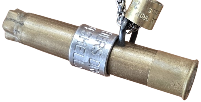Brass bullet pendant with engraved silver band